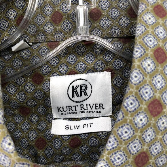Kurt River Long Sleeve Shirt Mens S Slim Fit Olive Green Burgundy Geo Print - Picture 5 of 10